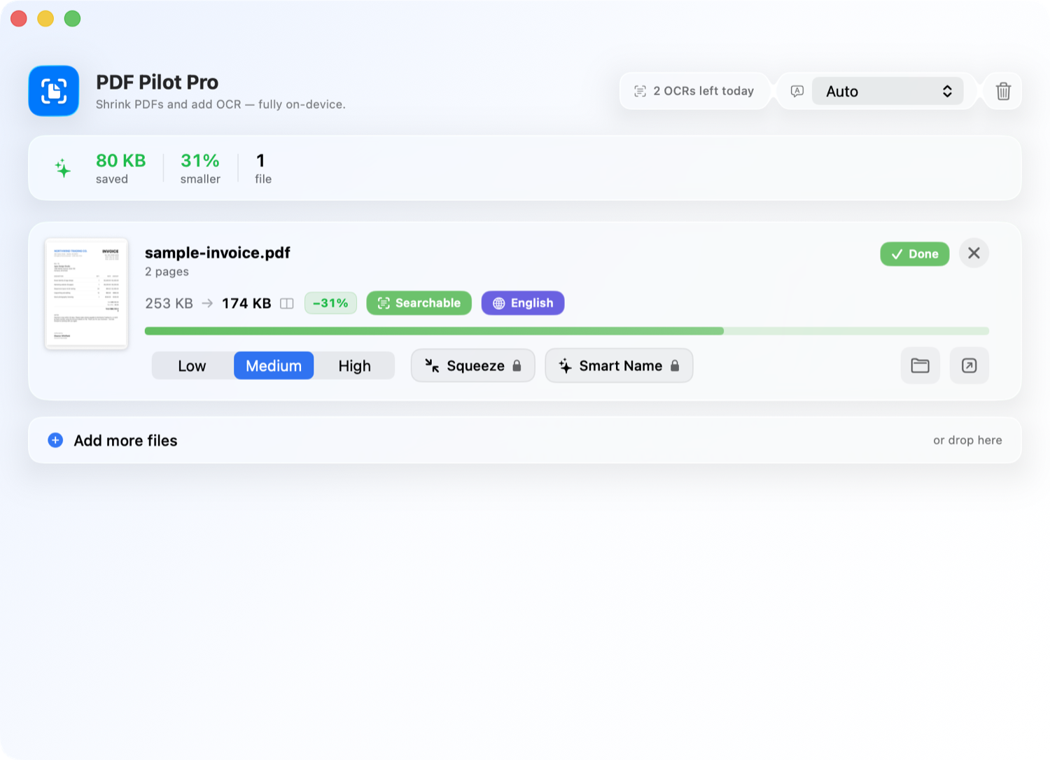 PDF Pilot Pro showing a compressed, searchable invoice with size savings, detected language, and Smart Name.